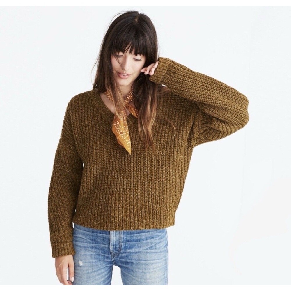 Madewell Chunky Knit Wool Silk Blend V-Neck Sweater Medium Boxy Gathered Sleeve